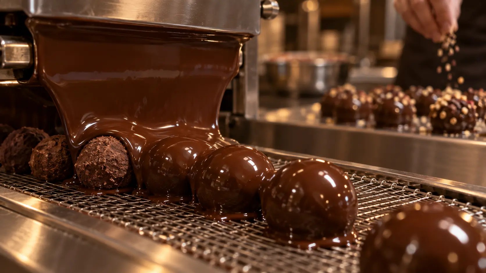 Warm tempered chocolate coating small truffles on a confectionery line