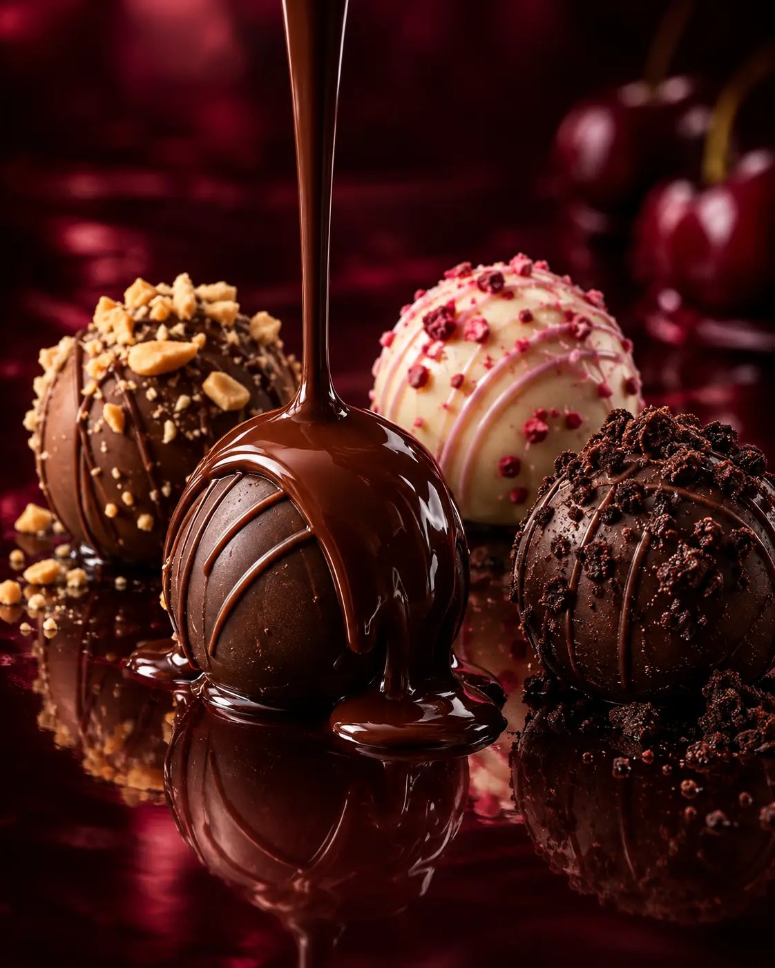 Warm tempered chocolate pouring over a small truffle