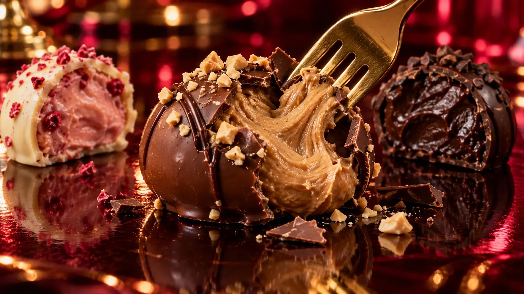 A gold dessert fork revealing the thick creamy center of a truffle