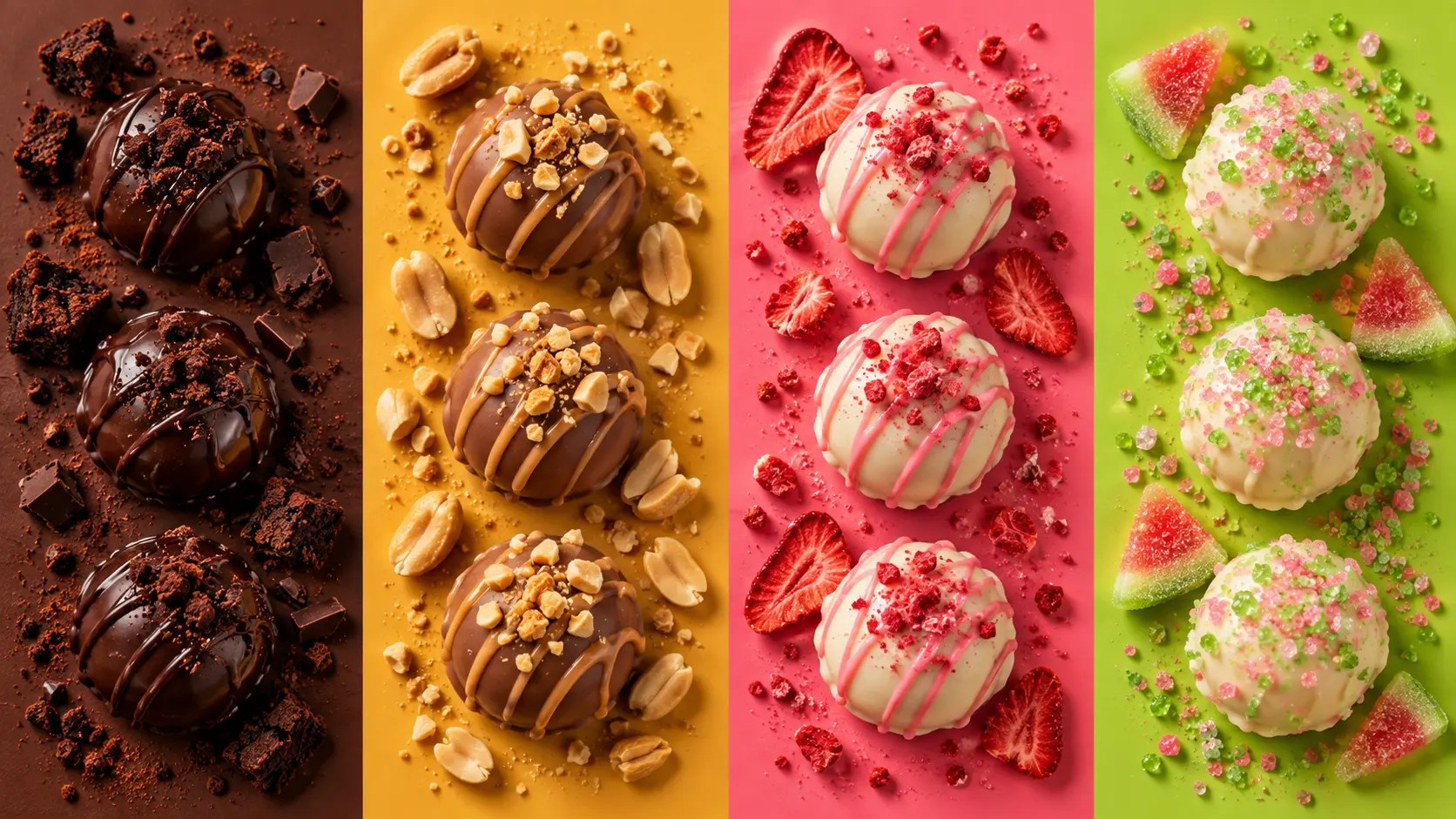 All four TRUVÉL flavors—Chocolate Fudge Brownie, Peanut Butter, Strawberry Cream, and Sour Watermelon—arranged in a vibrant overhead composition