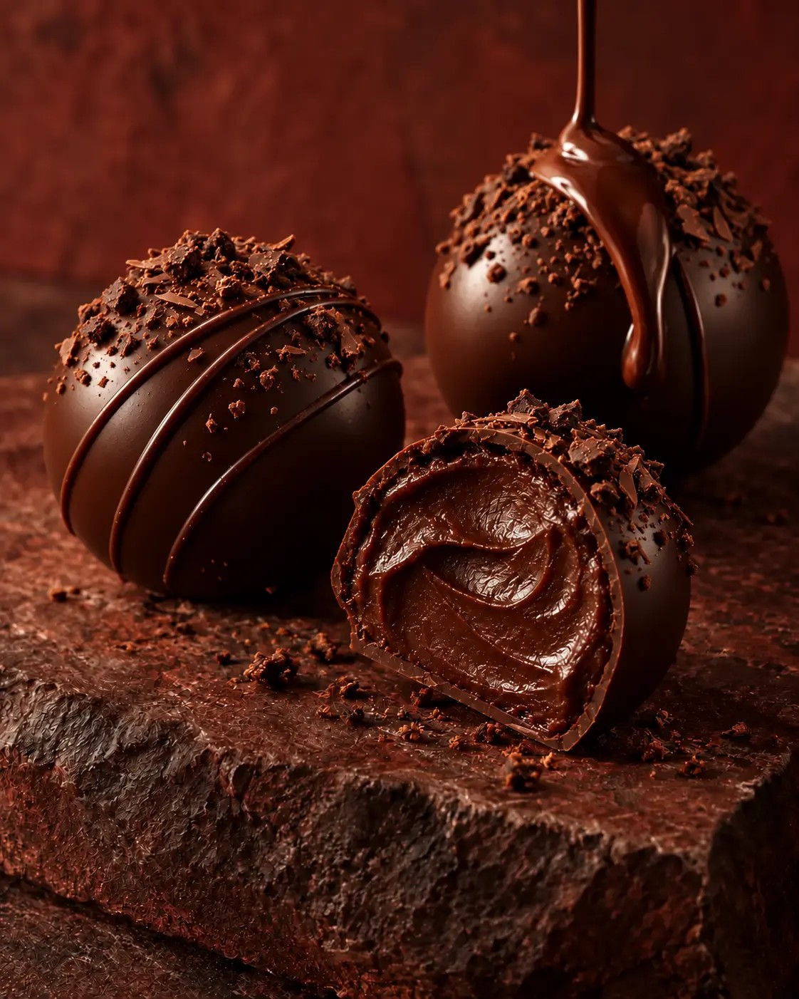 Glossy Chocolate Fudge Brownie truffles topped with chocolate crumble, with one cut open to show its smooth creamy fudge center