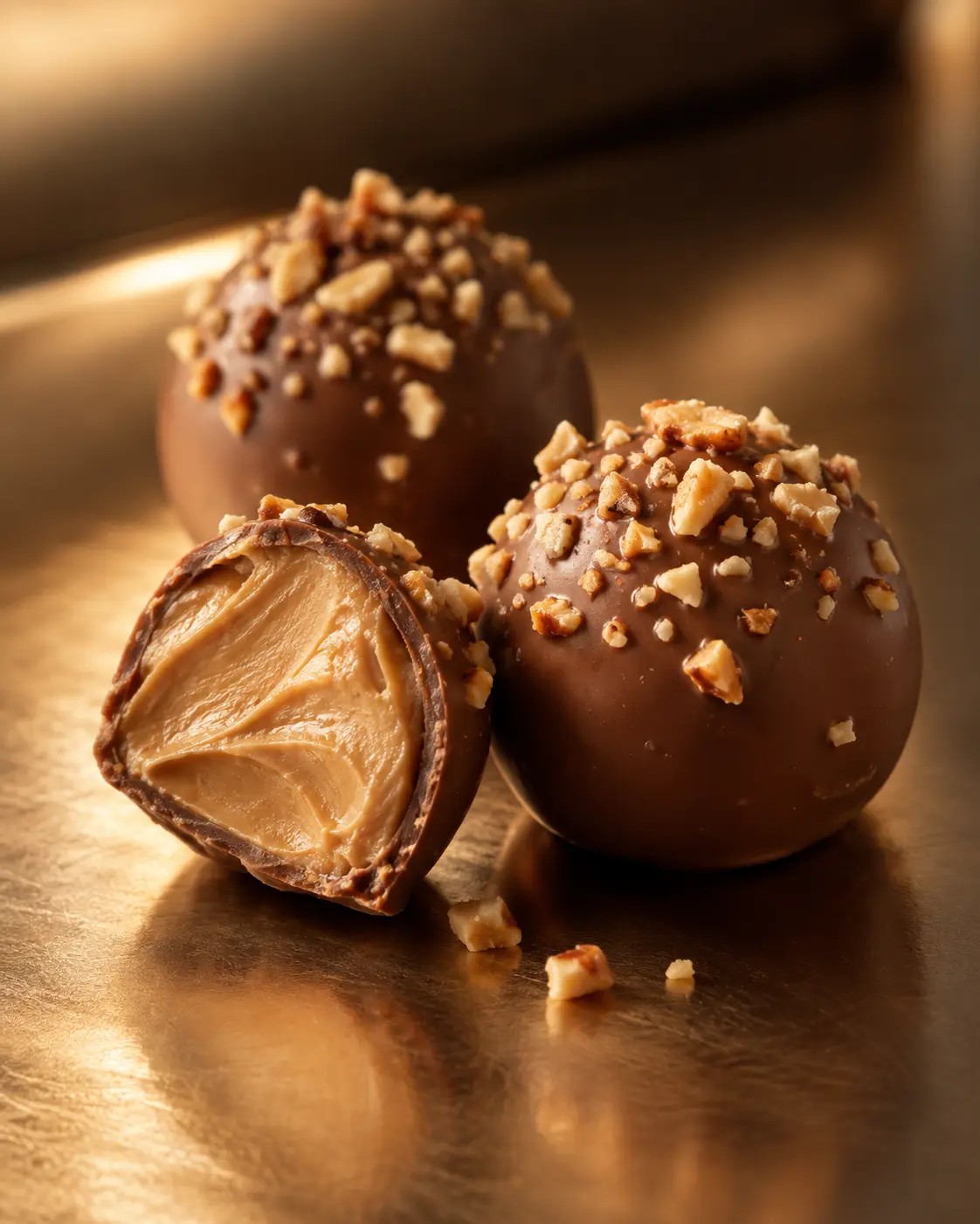 Peanut Butter truffles with one cut open to show its satin-smooth peanut cream center
