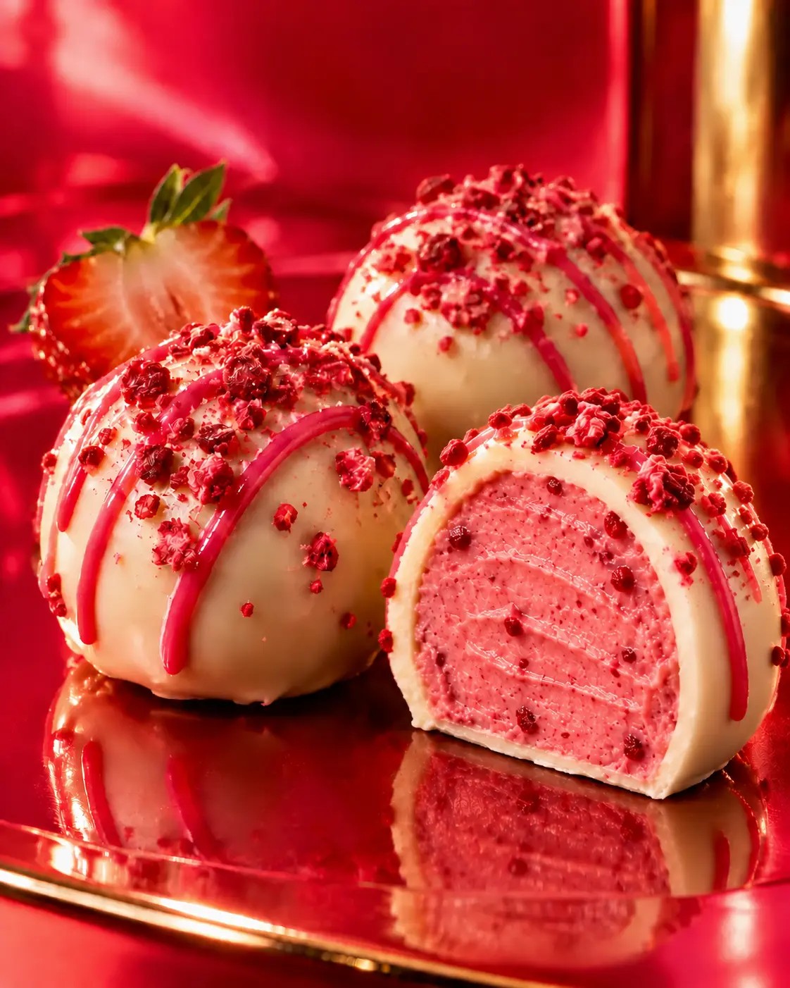 White Chocolate Strawberry Cream truffles with one cleanly halved piece showing its vivid berry center