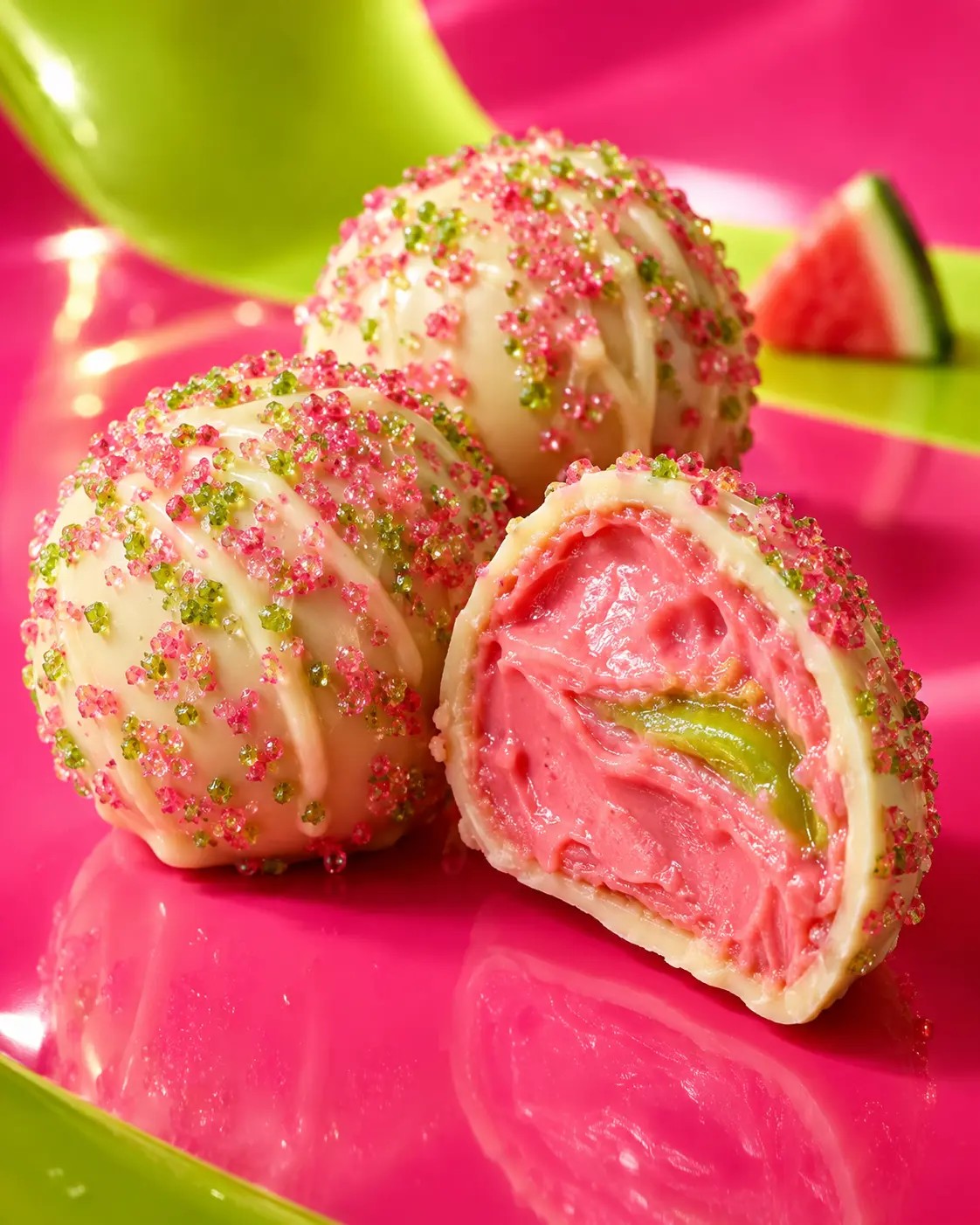 Sour Watermelon truffles with one cut open to show its vivid pink and lime center